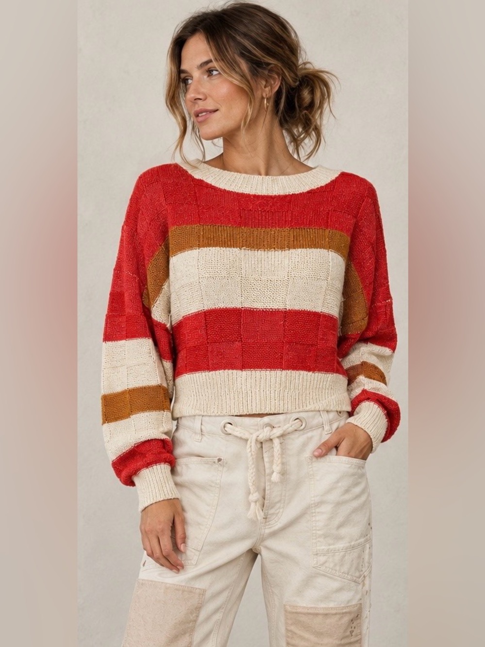 Willow & Root Cropped Pullover in Coral, Copper & Oatmeal Striped Knit.